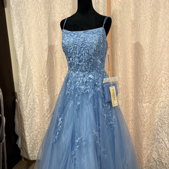 BABY BLUE ball gown w/ floral pattern and corcet back maxi prom bridsmaid Dress - Picture 2 of 9